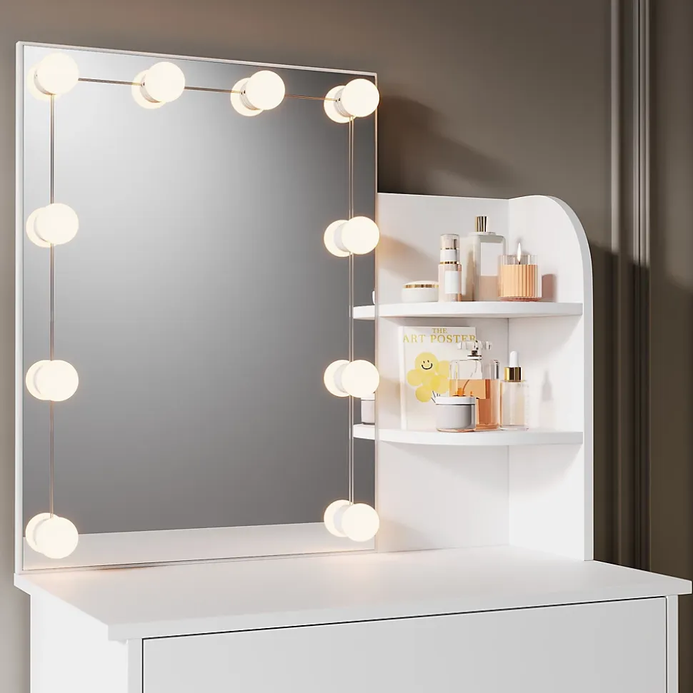 Coiffeuse avec LED Miroir SIRHONA Blanche 70x40x140cm Table de Maquillage avec Grands Tiroirs et étagères