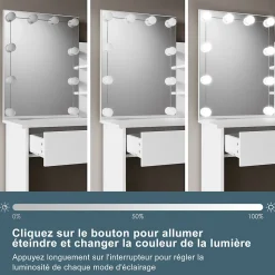 Coiffeuse avec LED Miroir SIRHONA Blanche 70x40x140cm Table de Maquillage avec Grands Tiroirs et étagères