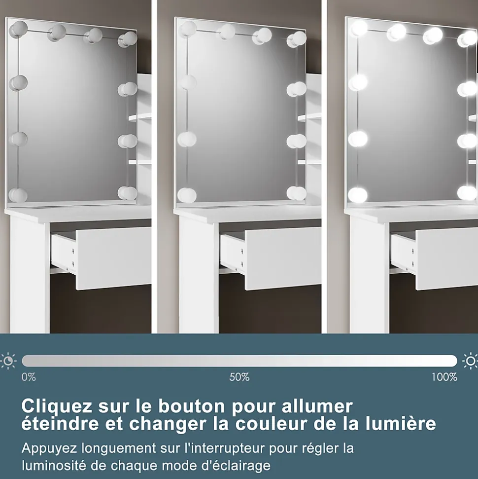 Coiffeuse avec LED Miroir SIRHONA Blanche 70x40x140cm Table de Maquillage avec Grands Tiroirs et étagères