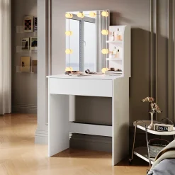 Coiffeuse avec LED Miroir SIRHONA Blanche 70x40x140cm Table de Maquillage avec Grands Tiroirs et étagères