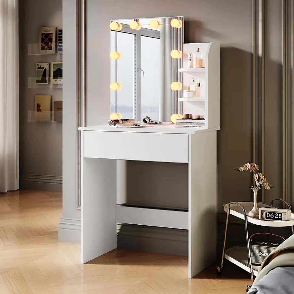 Coiffeuse avec LED Miroir SIRHONA Blanche 70x40x140cm Table de Maquillage avec Grands Tiroirs et étagères