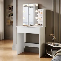 Coiffeuse avec LED Miroir SIRHONA Blanche 70x40x140cm Table de Maquillage avec Grands Tiroirs et étagères