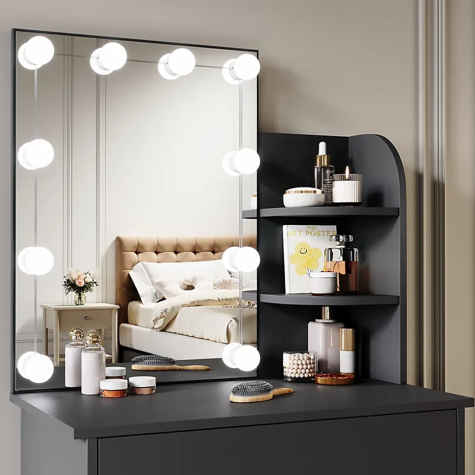 Coiffeuse avec LED Miroir SIRHONA Noir 70x40x140cm Table de Maquillage avec Grands Tiroirs et étagères