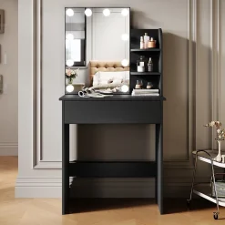 Coiffeuse avec LED Miroir SIRHONA Noir 70x40x140cm Table de Maquillage avec Grands Tiroirs et étagères
