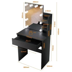 Coiffeuse avec LED Miroir SIRHONA Noir 70x40x140cm Table de Maquillage avec Grands Tiroirs et étagères