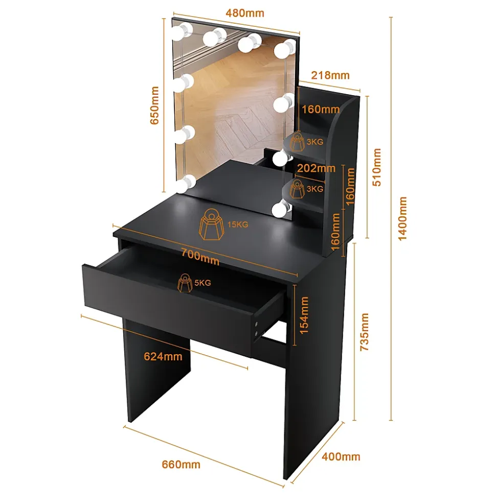 Coiffeuse avec LED Miroir SIRHONA Noir 70x40x140cm Table de Maquillage avec Grands Tiroirs et étagères
