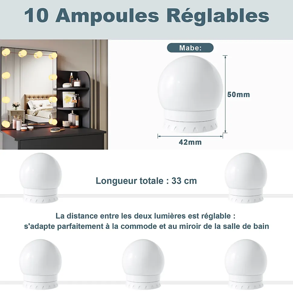 Coiffeuse avec LED Miroir SIRHONA Noir 70x40x140cm Table de Maquillage avec Grands Tiroirs et étagères