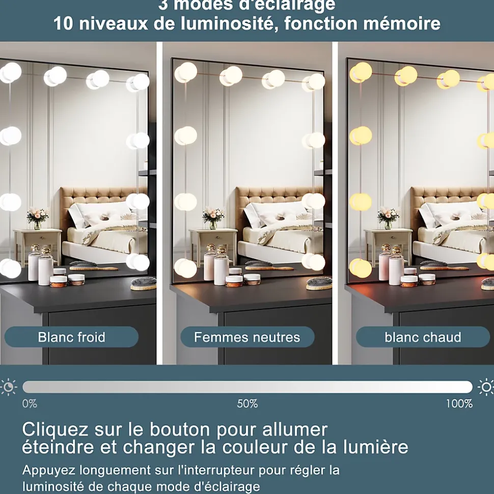 Coiffeuse avec LED Miroir SIRHONA Noir 70x40x140cm Table de Maquillage avec Grands Tiroirs et étagères