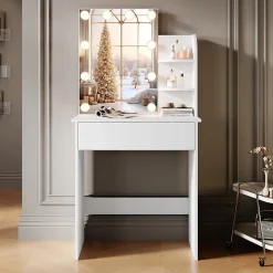 Coiffeuse avec LED Miroir SIRHONA Blanche 70x40x140cm Table de Maquillage avec Grands Tiroirs et étagères