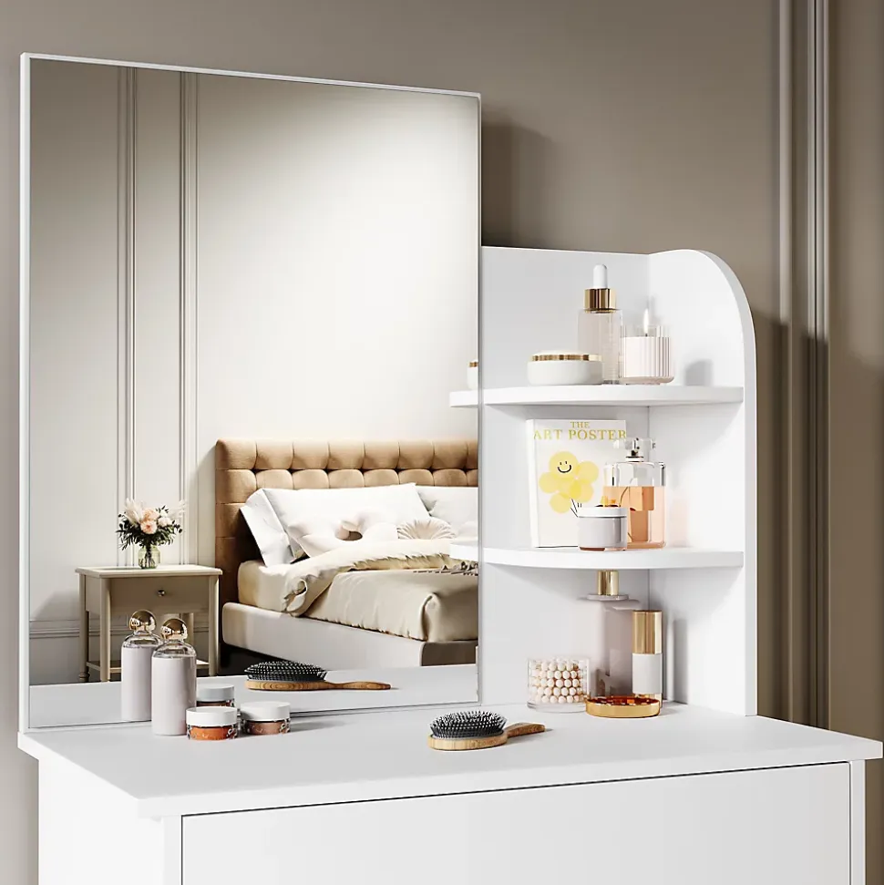 Coiffeuse avec LED Miroir SIRHONA Blanche 70x40x140cm Table de Maquillage avec Grands Tiroirs et étagères