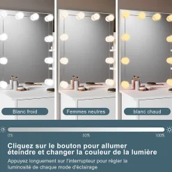 Coiffeuse avec LED Miroir SIRHONA Blanche 70x40x140cm Table de Maquillage avec Grands Tiroirs et étagères