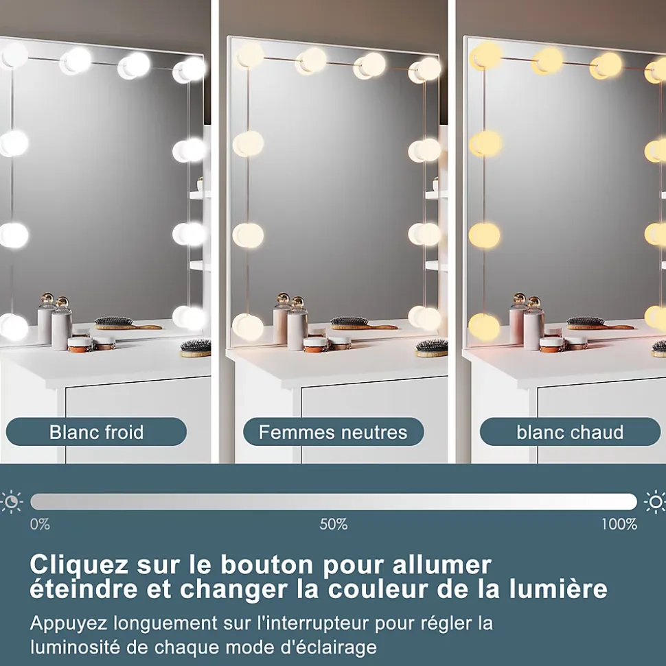 Coiffeuse avec LED Miroir SIRHONA Blanche 70x40x140cm Table de Maquillage avec Grands Tiroirs et étagères