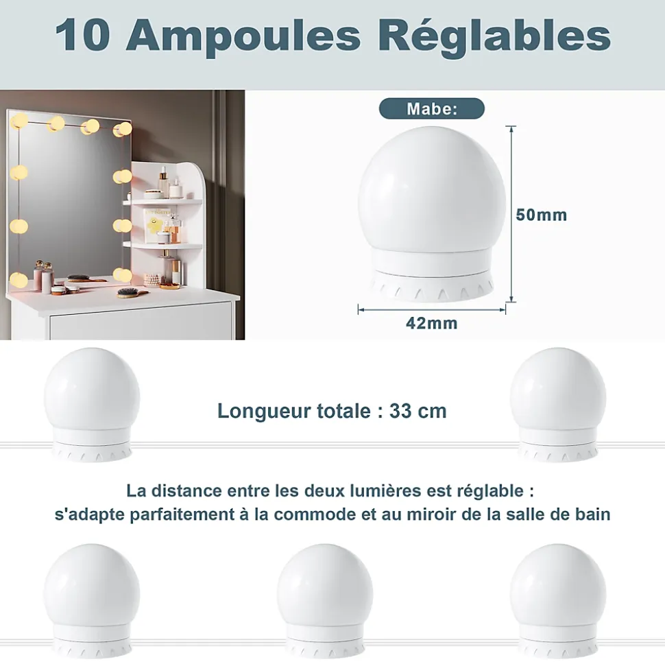 Coiffeuse avec LED Miroir SIRHONA Blanche 70x40x140cm Table de Maquillage avec Grands Tiroirs et étagères