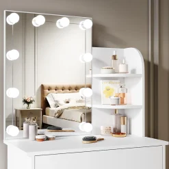 Coiffeuse avec LED Miroir SIRHONA Blanche 70x40x140cm Table de Maquillage avec Grands Tiroirs et étagères