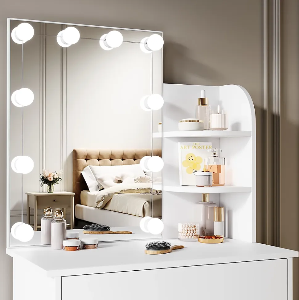 Coiffeuse avec LED Miroir SIRHONA Blanche 70x40x140cm Table de Maquillage avec Grands Tiroirs et étagères
