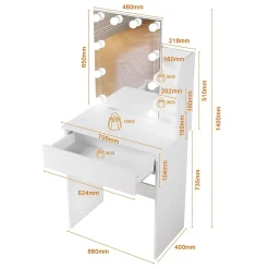Coiffeuse avec LED Miroir SIRHONA Blanche 70x40x140cm Table de Maquillage avec Grands Tiroirs et étagères