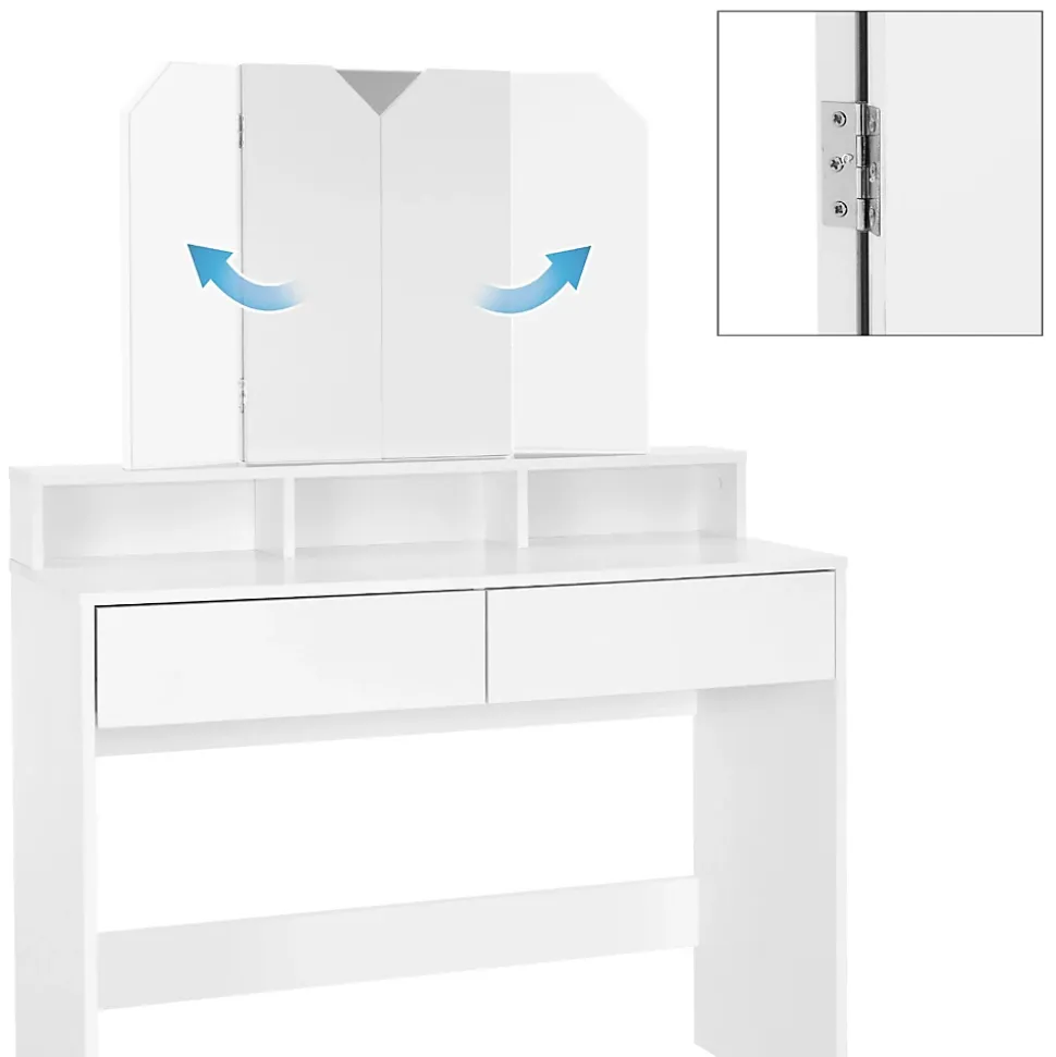Coiffeuse avec miroir + 2 tiroirs et tabouret de maquillage blanc 100x40x140 cm