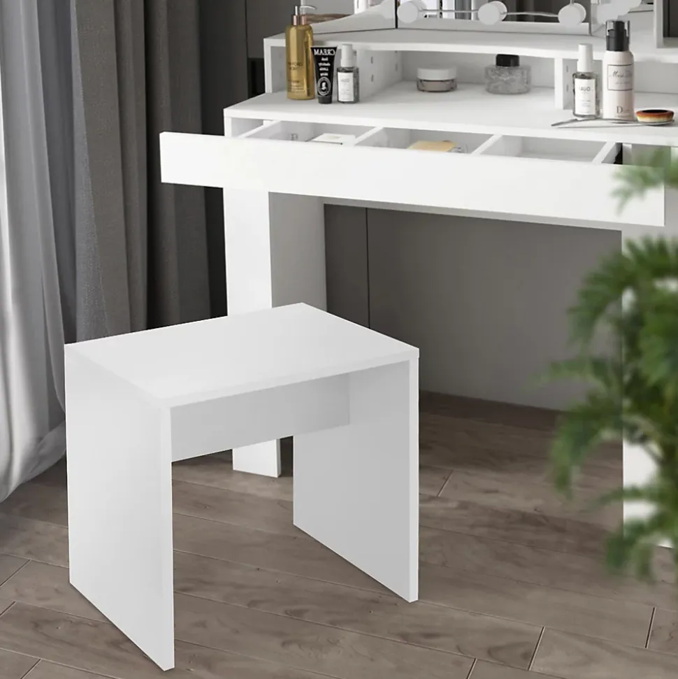 Coiffeuse avec miroir + 2 tiroirs et tabouret de maquillage blanc 100x40x140 cm