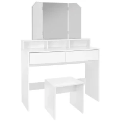 Coiffeuse avec miroir + 2 tiroirs et tabouret de maquillage blanc 100x40x140 cm