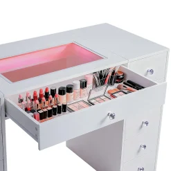 Coiffeuse avec Miroir à Éclairage LED RGB Dimmable Blanc 130cm 11 Tiroirs