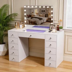 Coiffeuse avec Miroir à Éclairage LED RGB Dimmable Blanc 130cm 11 Tiroirs