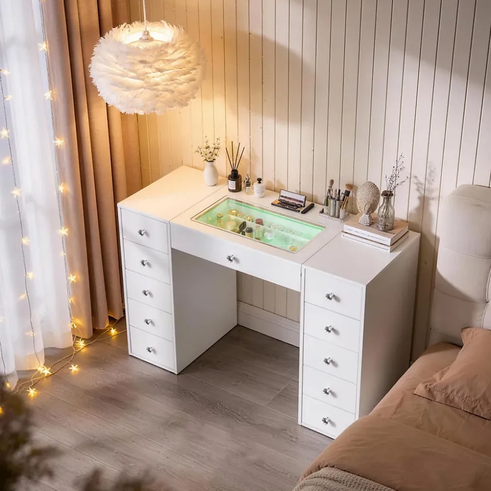 Coiffeuse avec Miroir à Éclairage LED RGB Dimmable Blanc 130cm 11 Tiroirs