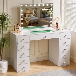 Coiffeuse avec Miroir à Éclairage LED RGB Dimmable Blanc 130cm 11 Tiroirs