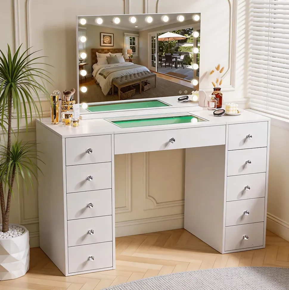 Coiffeuse avec Miroir à Éclairage LED RGB Dimmable Blanc 130cm 11 Tiroirs
