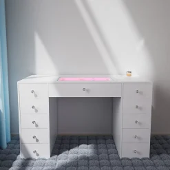 Coiffeuse avec Miroir à Éclairage LED RGB Dimmable Blanc 130cm 11 Tiroirs