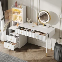 Coiffeuse avec Miroir - ensemble Pratique avec Tiroirs et Sécurité Anti-Basculement, Panneau de Particules, Blanc, L100xP40xH125cm