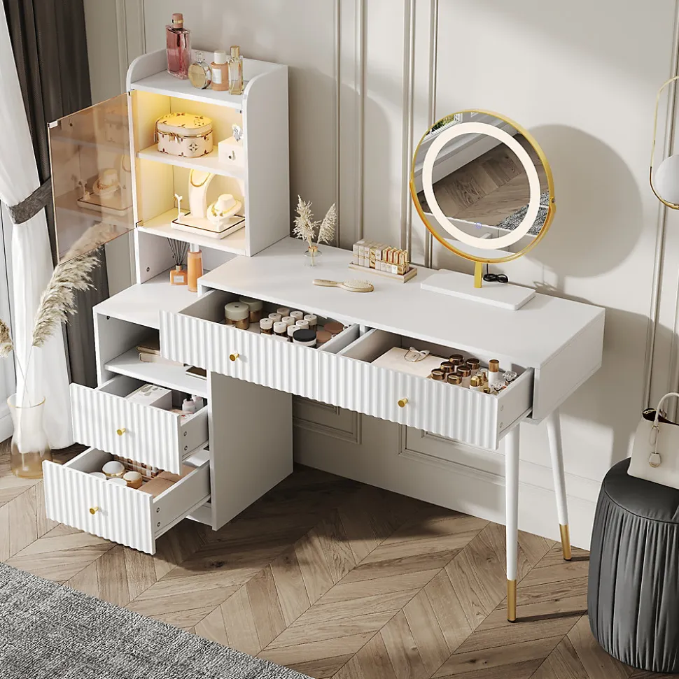 Coiffeuse avec Miroir - ensemble Pratique avec Tiroirs et Sécurité Anti-Basculement, Panneau de Particules, Blanc, L100xP40xH125cm