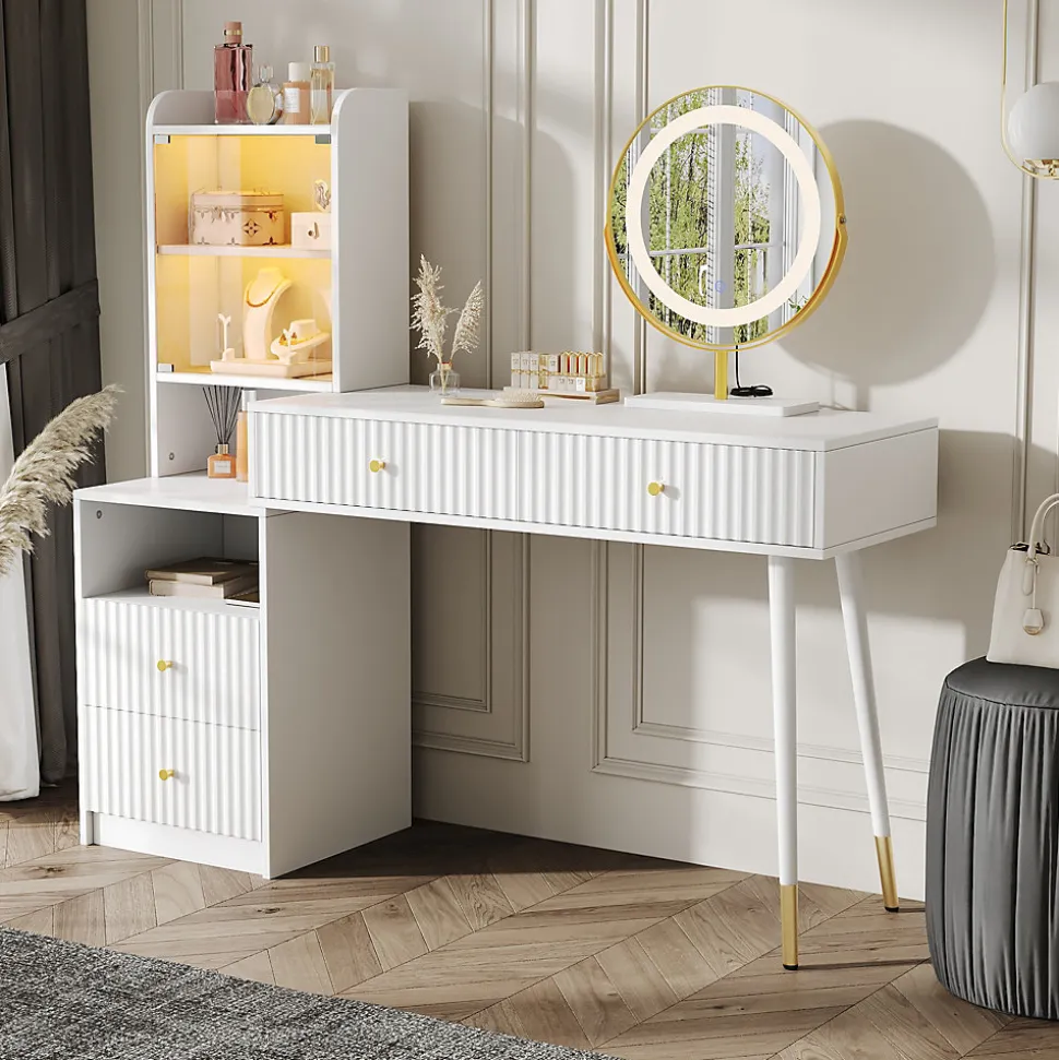 Coiffeuse avec Miroir - ensemble Pratique avec Tiroirs et Sécurité Anti-Basculement, Panneau de Particules, Blanc, L100xP40xH125cm