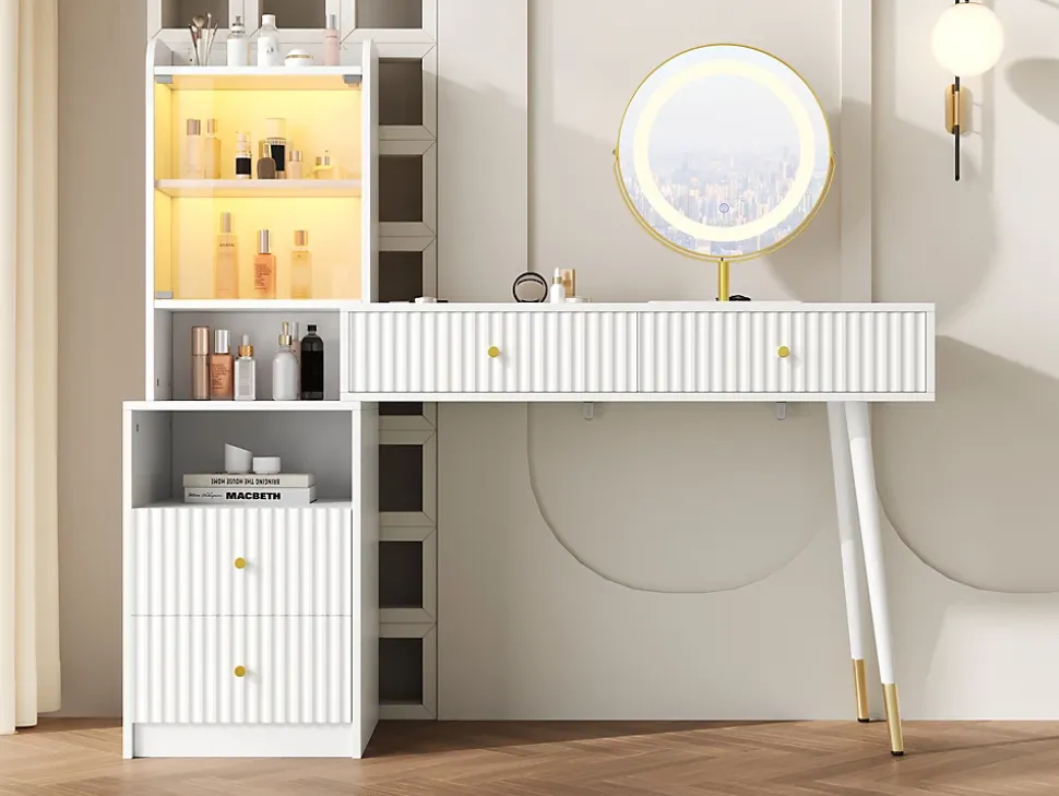 Coiffeuse avec Miroir - ensemble Pratique avec Tiroirs et Sécurité Anti-Basculement, Panneau de Particules, Blanc, L100xP40xH125cm