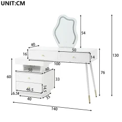 Coiffeuse avec Miroir - Sécurité Anti-Basculement, Tiroirs de Rangement - L140xP40xH130 cm, Blanc