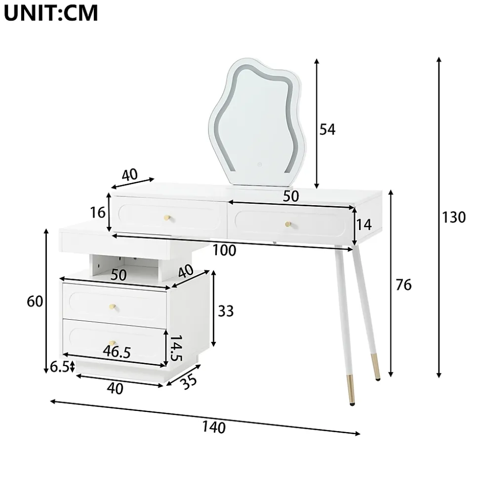 Coiffeuse avec Miroir - Sécurité Anti-Basculement, Tiroirs de Rangement - L140xP40xH130 cm, Blanc
