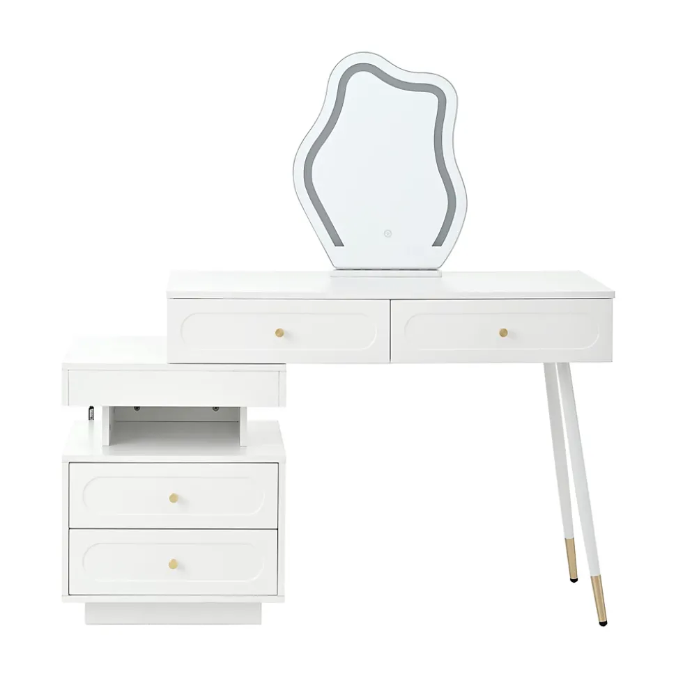 Coiffeuse avec Miroir - Sécurité Anti-Basculement, Tiroirs de Rangement - L140xP40xH130 cm, Blanc