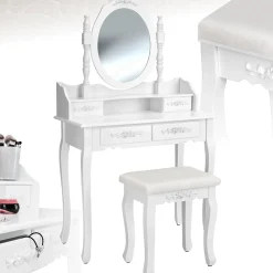 Coiffeuse avec miroir 4 tiroirs au look vintage avec tabouret rembourré