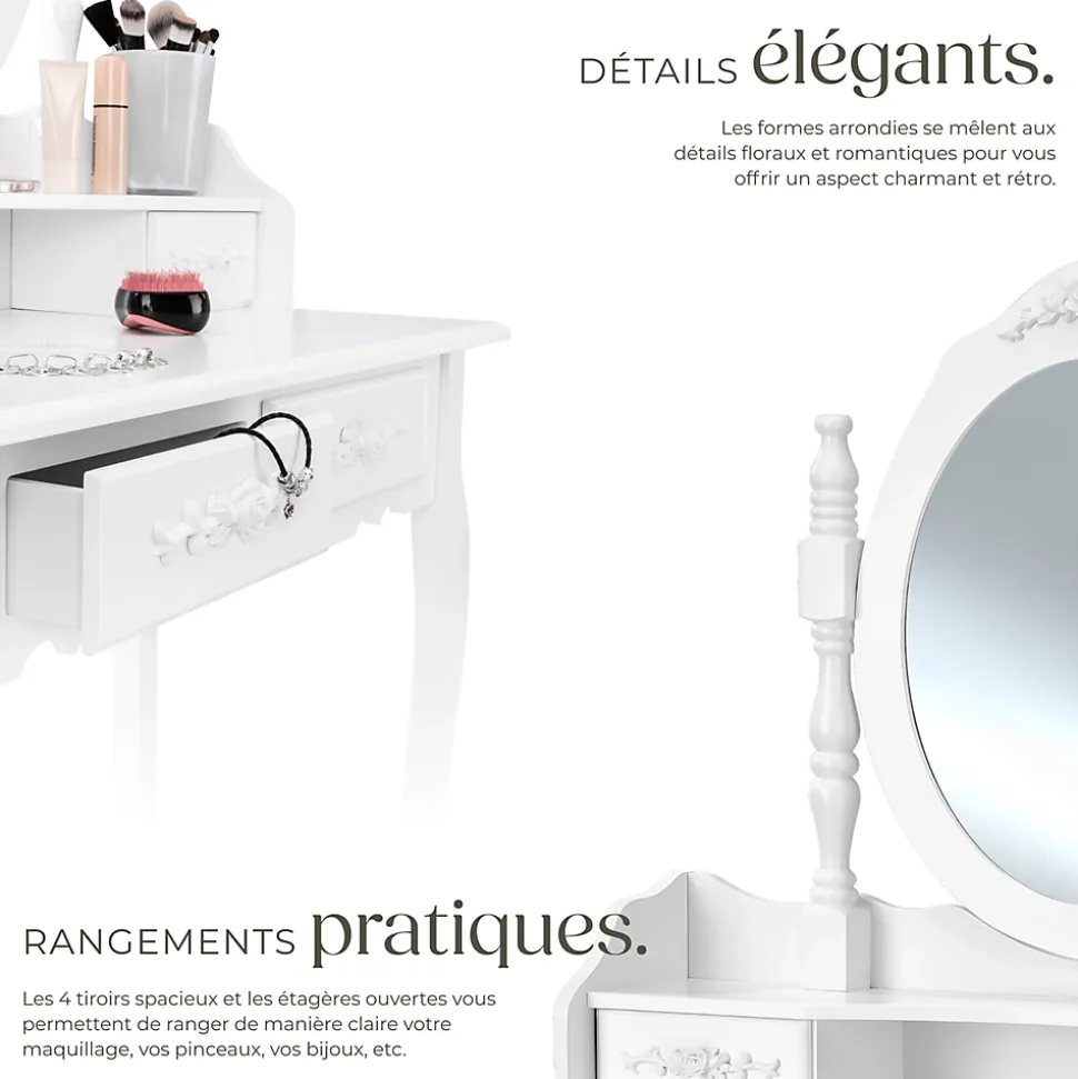 Coiffeuse avec miroir 4 tiroirs au look vintage avec tabouret rembourré