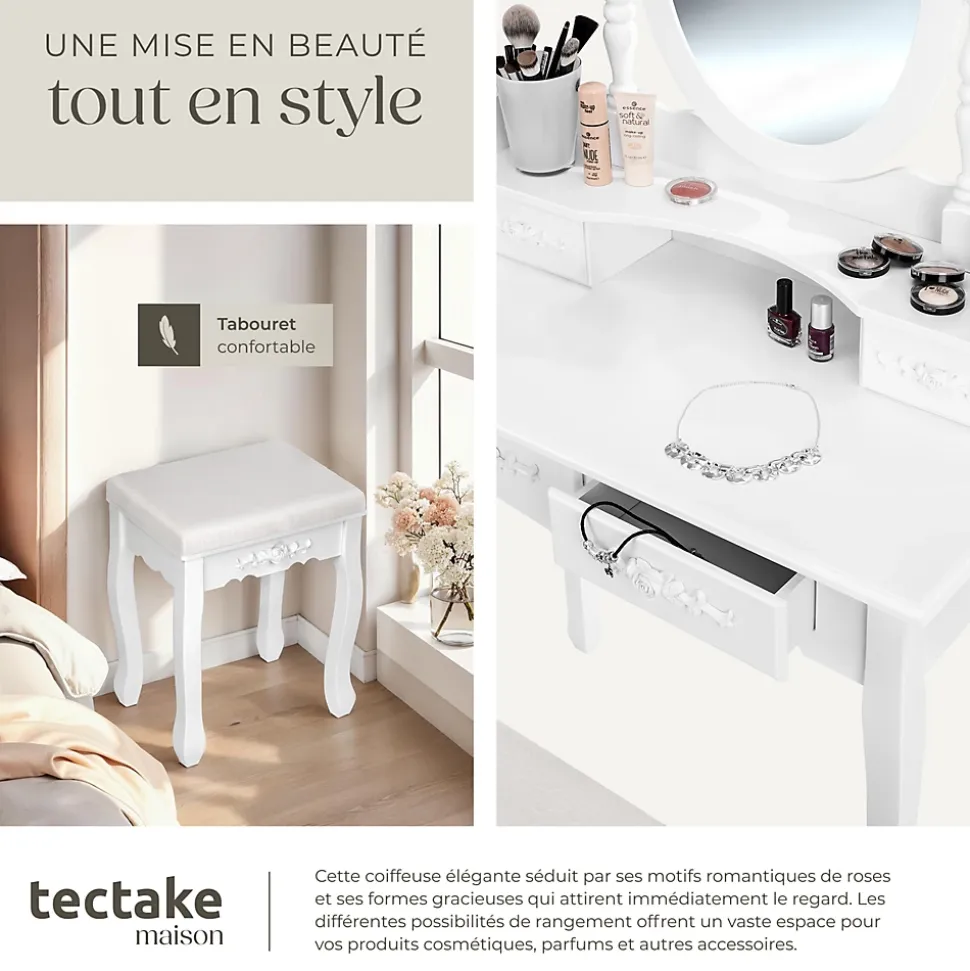 Coiffeuse avec miroir 4 tiroirs au look vintage avec tabouret rembourré