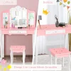 Coiffeuse avec Miroir a 3 Volets Amovible et Tiroir Table de Maquillage avec Tabouret Ensemble Coiffeuse avec Coins Arrondis
