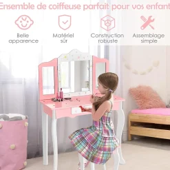 Coiffeuse avec Miroir a 3 Volets Amovible et Tiroir Table de Maquillage avec Tabouret Ensemble Coiffeuse avec Coins Arrondis