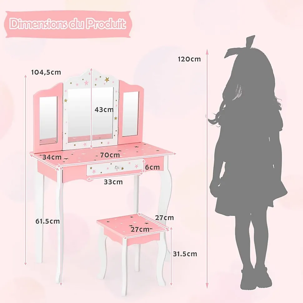 Coiffeuse avec Miroir a 3 Volets Amovible et Tiroir Table de Maquillage avec Tabouret Ensemble Coiffeuse avec Coins Arrondis