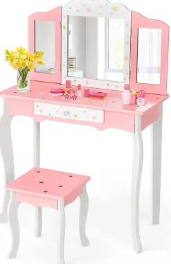Coiffeuse avec Miroir a 3 Volets Amovible et Tiroir Table de Maquillage avec Tabouret Ensemble Coiffeuse avec Coins Arrondis
