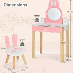 Coiffeuse avec Miroir Amovible Table de Maquillage avec Tiroir et 2 Boîtes Coiffeuse en Forme de Lapin avec Tabouret