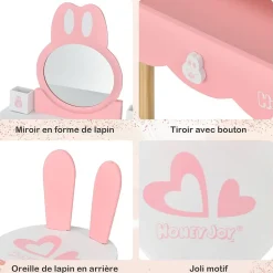 Coiffeuse avec Miroir Amovible Table de Maquillage avec Tiroir et 2 Boîtes Coiffeuse en Forme de Lapin avec Tabouret