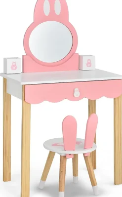 Coiffeuse avec Miroir Amovible Table de Maquillage avec Tiroir et 2 Boîtes Coiffeuse en Forme de Lapin avec Tabouret