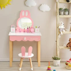 Coiffeuse avec Miroir Amovible Table de Maquillage avec Tiroir et 2 Boîtes Coiffeuse en Forme de Lapin avec Tabouret