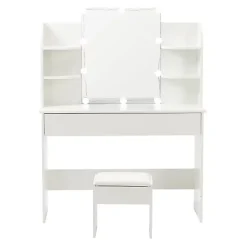 Coiffeuse Avec Miroir Éclairage LED 3 Tons 105x40x130cm, Rangement D'angle, Tiroirs 3 Compartiments