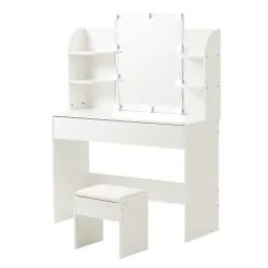 Coiffeuse Avec Miroir Éclairage LED 3 Tons 105x40x130cm, Rangement D'angle, Tiroirs 3 Compartiments