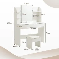 Coiffeuse Avec Miroir Éclairage LED 3 Tons 105x40x130cm, Rangement D'angle, Tiroirs 3 Compartiments